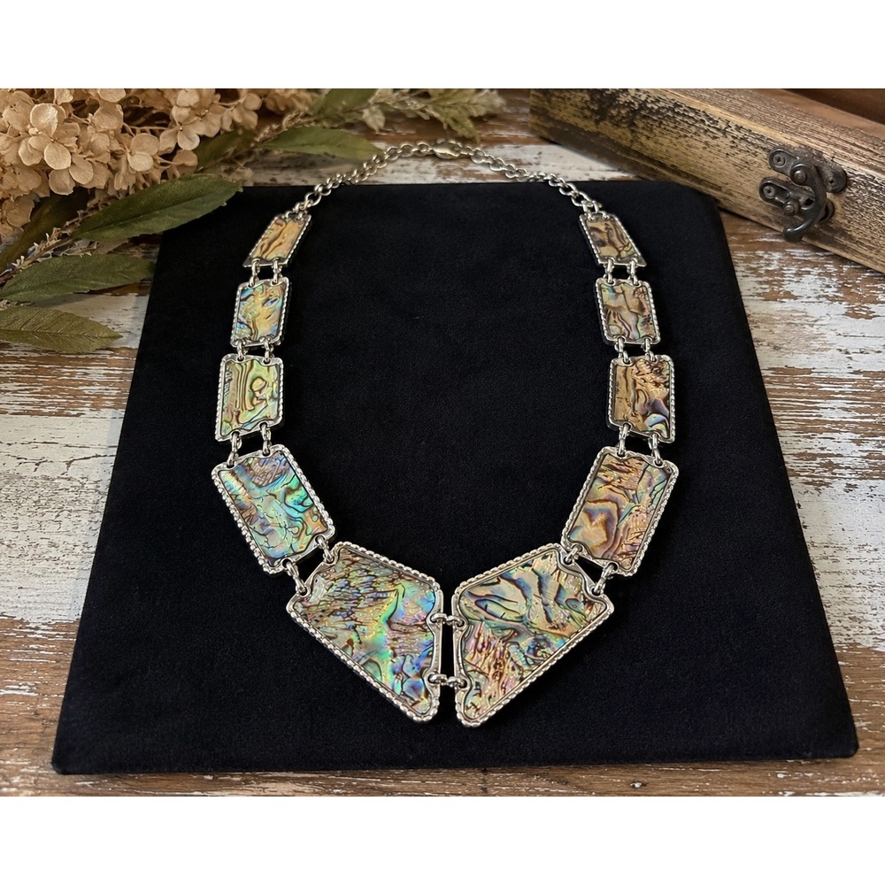 Vintage Abalone Shell Statement Collar Necklace Silver Tone Iridescent Artisan